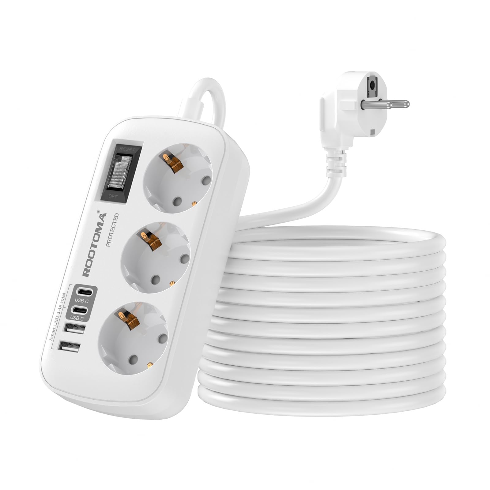 Verlängerungskabel 5M mit Überspannungsschutz Mehrfachsteckdose 4 USB(2 USB-C), 3 Fach Steckdose mit Schalter Wandmontage für Home Office, weiß