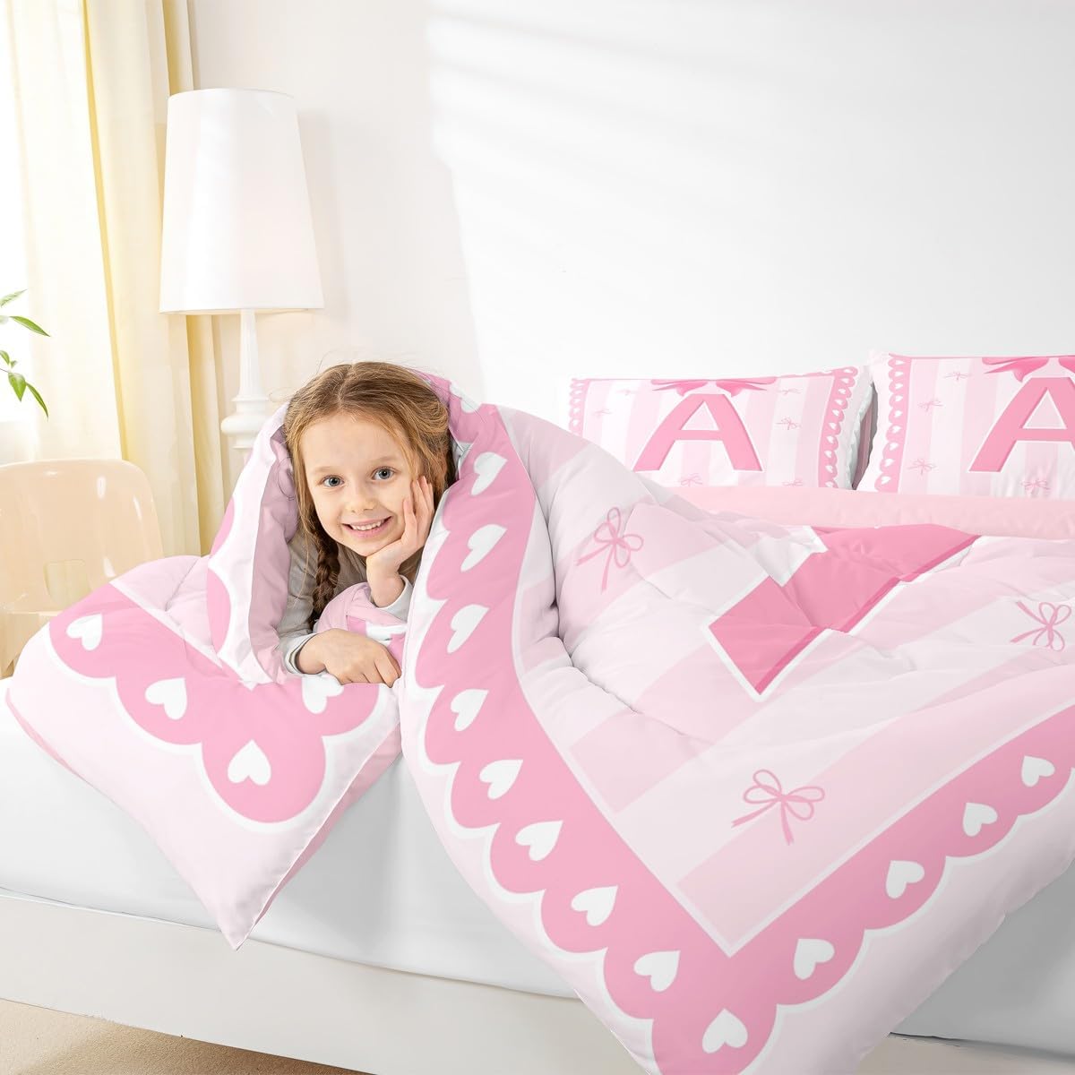 jejeloiu Pink Bow Kids Bedding Set Twin Size,Girl Bow Coquette Comforter Set,Initial Letter A Ultra Soft Duvet Quilt,Butterfly Knot Princess Comforter Personalized Letter A Bedroom Decor