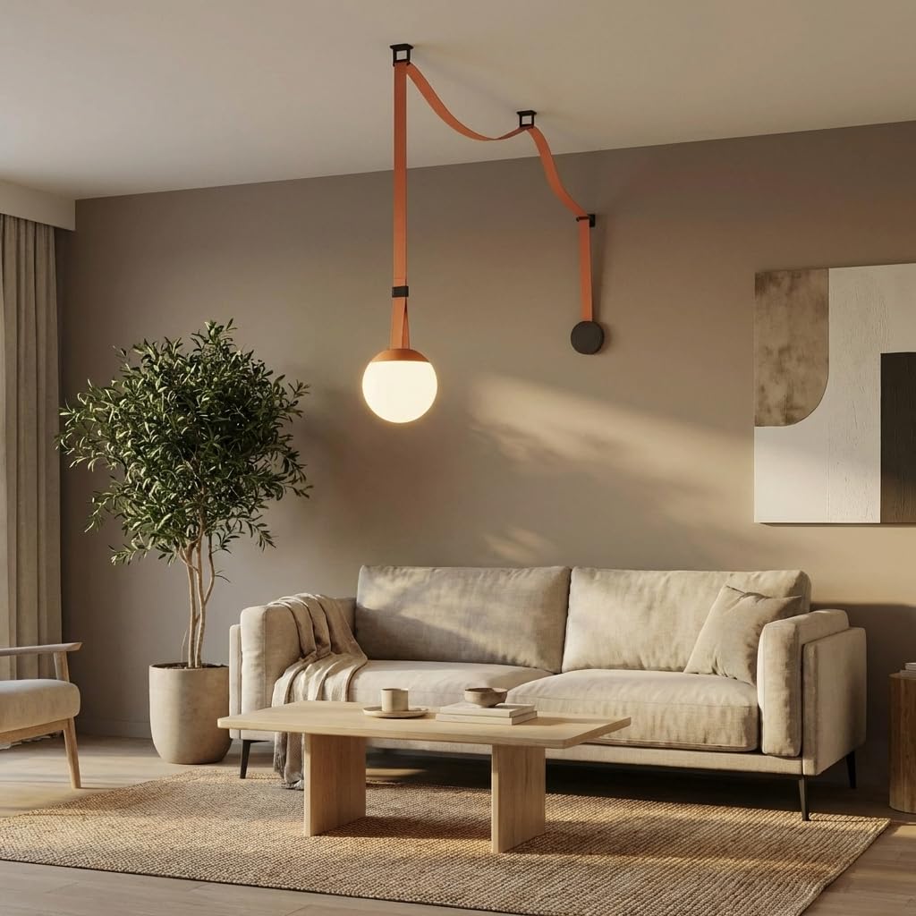 BARCELONA LED Axia 4 Lámpara Colgante LED Bola Opal 12W con Cinta Textil Conductora Color Ladrillo 5m, Gran Lámpara Colgante de Diseño Artístico y, Sistema Iluminación Configurable 2700K