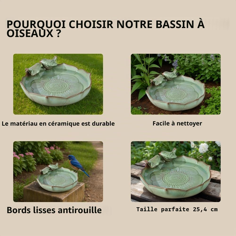 Baignoire pour oiseaux en céramique pour l'extérieur – 24,9 cm – Bol de bain pour oiseaux vert robuste uniquement, mangeoires à oiseaux au sol et gamelle d'eau pour oiseaux, jardin, patio
