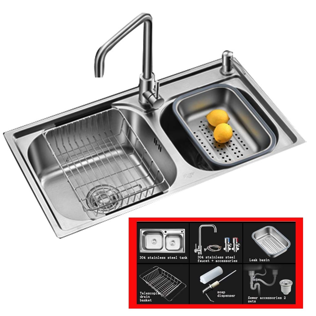 ZQFHSX Kitchen Sinks Fixtures Square Double Basin Sink Thick Stainless Steel Dishwashing Pool Cutlery Cleaning (Color : Silver, Size 81 * 43cm)