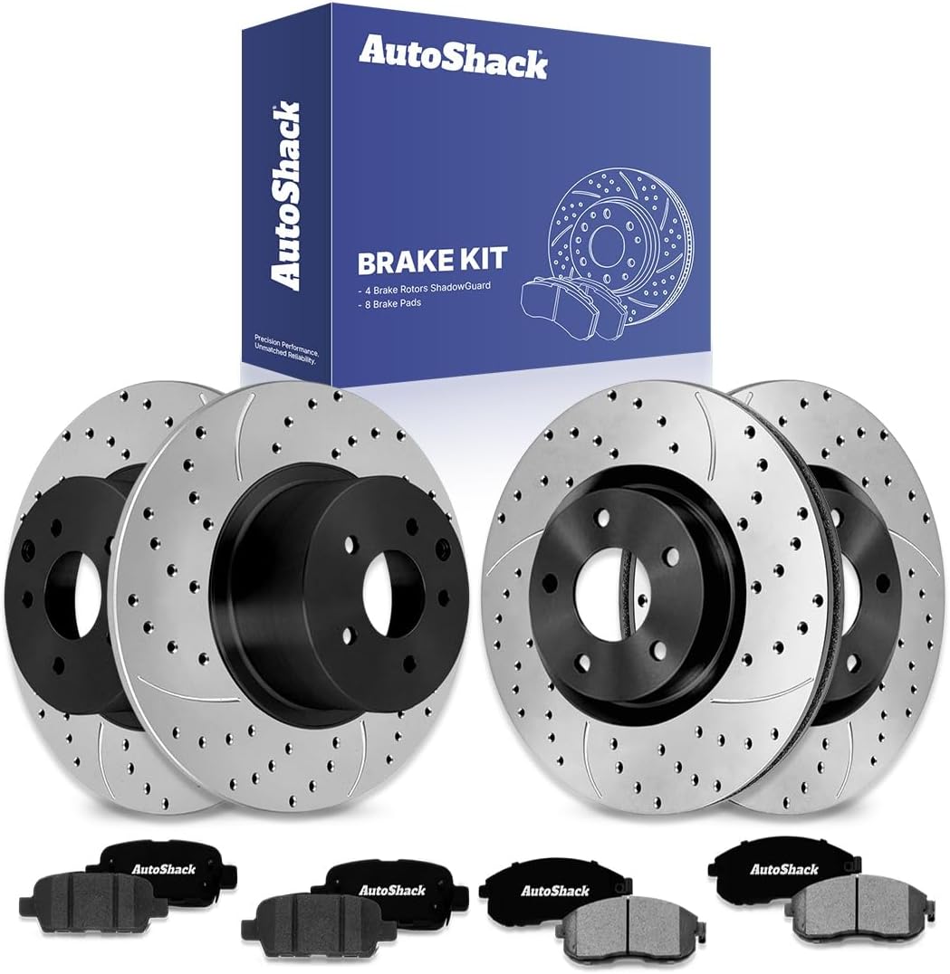 AutoShack Front Vented & Rear Solid Drilled & Slotted E-Coated Brake Rotors + Ceramic Pads 12-PC Brake Kit Replacement for 2009-2013 Nissan Altima ShadowGuard
