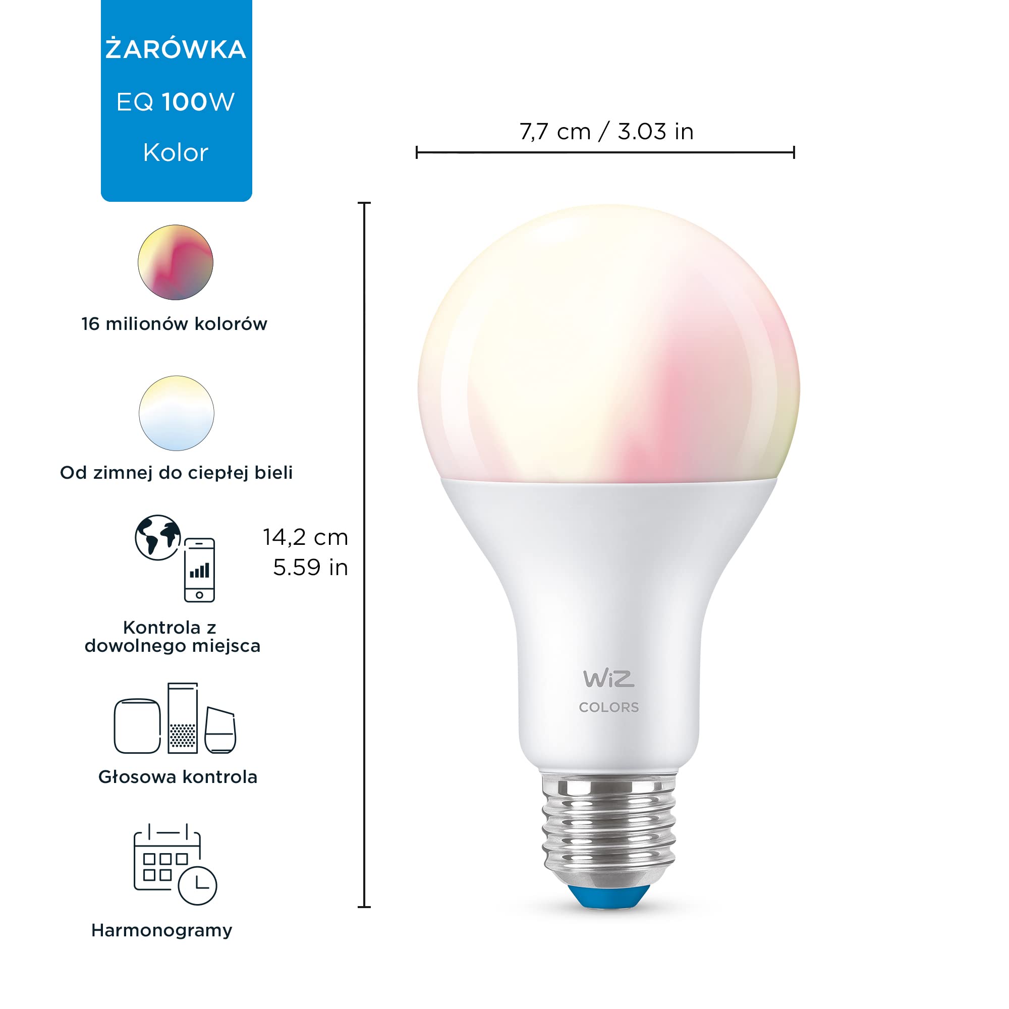 WiZ Inteligentna żarówka 100W A67 E27, Wi-Fi, Bluetooth, wiele odcieni bieli, szeroka paleta kolorów, sterowanie aplikacją