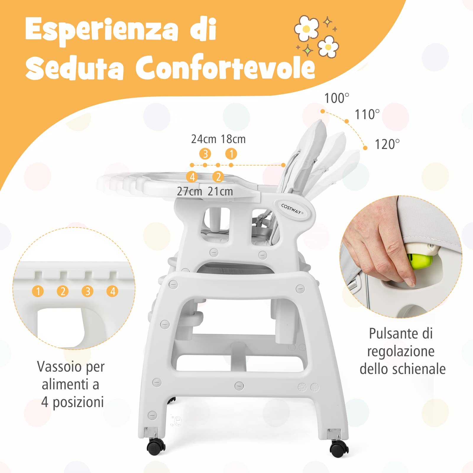 COSTWAY 3 in 1 Seggiolone Pappa Bambini, Seggiolone Neonati con Vassoio Rimovibile, Sedia e Tavolo Convertibile Ragazzi, Schienale Regolabile, Cintura di Sicurezza, per Bambini 6-36 Mesi (Grigio)