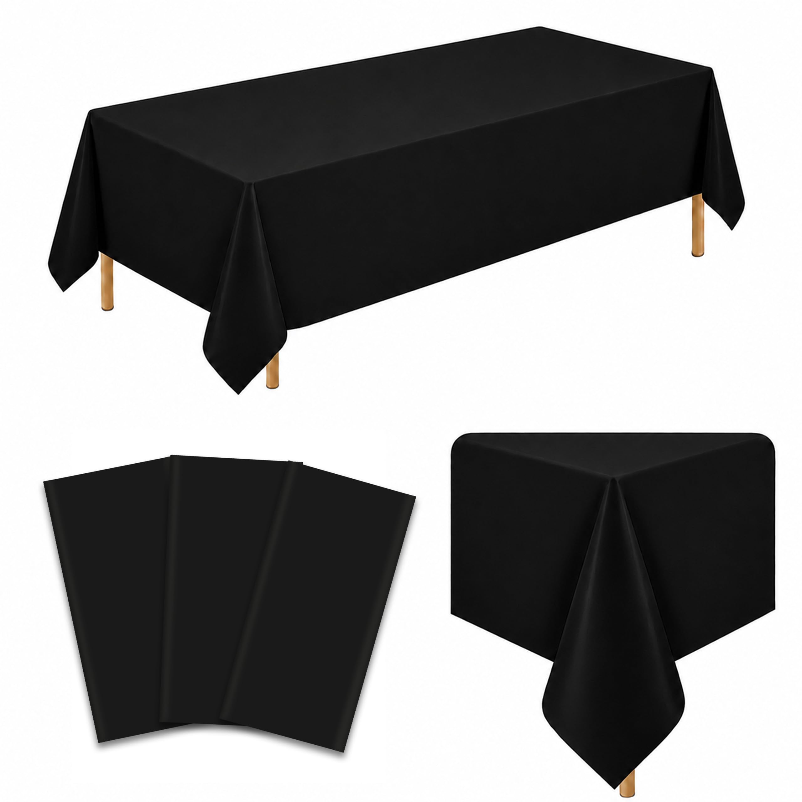 WNINK 3 Pack Black Plastic Tablecloths, 54 x 108 Inch Disposable Covers