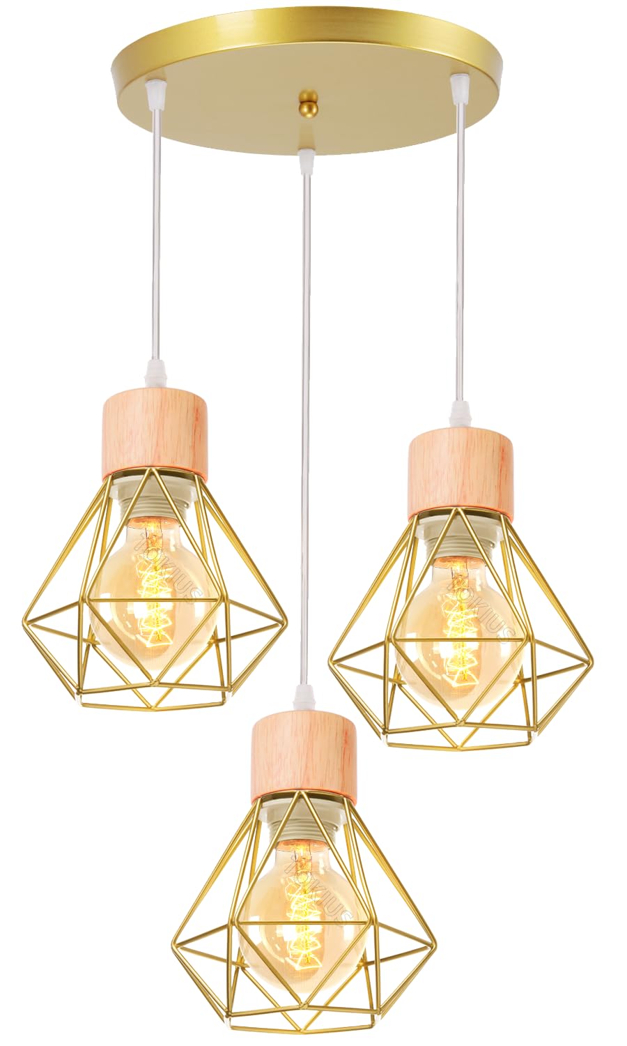 3 luci Lampada a Sospensione Industriale E27 Plafoniera Retro in Metallo e Legno Ø160mm Lampada da soffitto Gabbia Diamanti Oro Design per Cucina Salotto