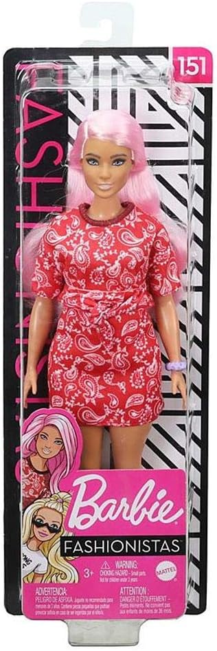 Barbie Fashionistas Doll #151 with Long Pink Hair Wearing a Red Paisley Top & Skirt, White Sneakers & Scrunchie Bracelet, Toy for Kids 3 to 8 Years Old