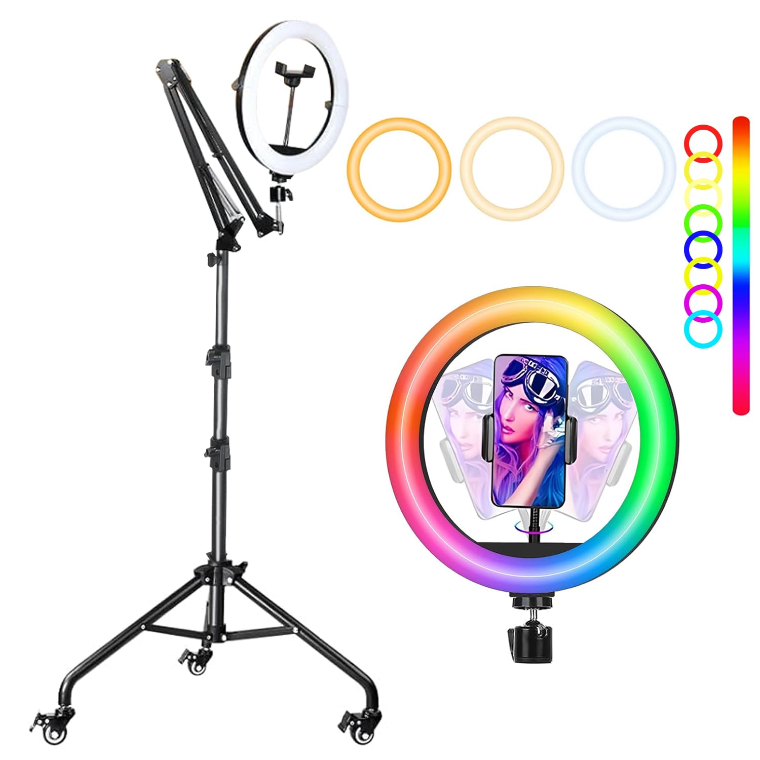Movable Ring Light with Rolling Tripod Stand, RGB Color Effects, Adjustable Angle, Mobile Phone Holder, USB, Ideal for TikTok, YouTube, Vlogging, and Photography.