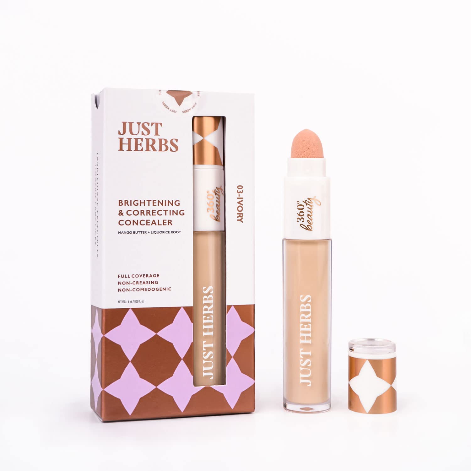 Just Herbs Concealer for Face Makeup With Liquorice Root Dewy Finish, Full Coverage Ultra Blendable Dark Circle Spot Brightening and Correcting Concealer 6ml (Ivory)