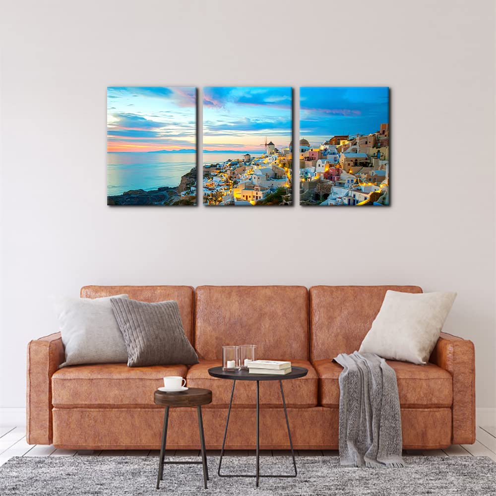 3 Pieces Framed Canvas Print Wall Art Set Sunrise Sea Santorini Greece Architecture Nature Cityscape Photography Realism Landscape Colorful Wall Decor for Living Room, Bedroom, Office - 12" x 16" x 3