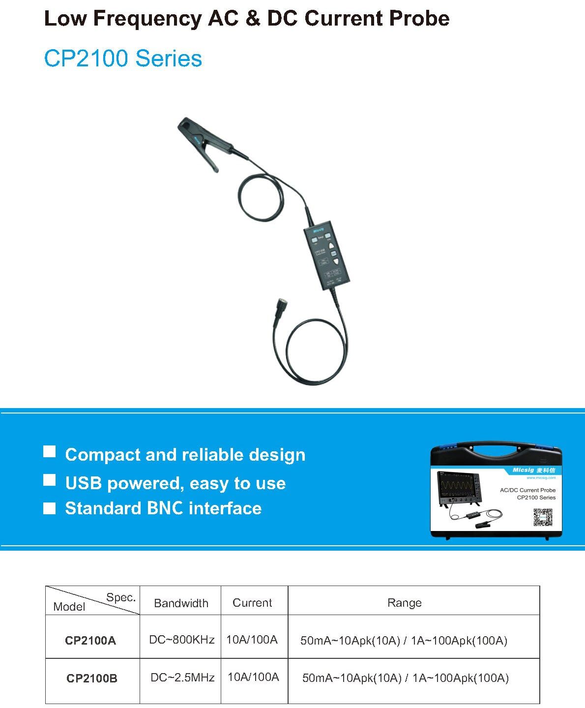 Micsig CP2100A CP2100B Low Frequency AC/DC Current Probe CP2100 series High precision Oscilloscopes Current Probe Bandwidth DC 800KHz/2.5MHz Ranges 10A/100A Current Probe(CP2100B 2.5MHz)
