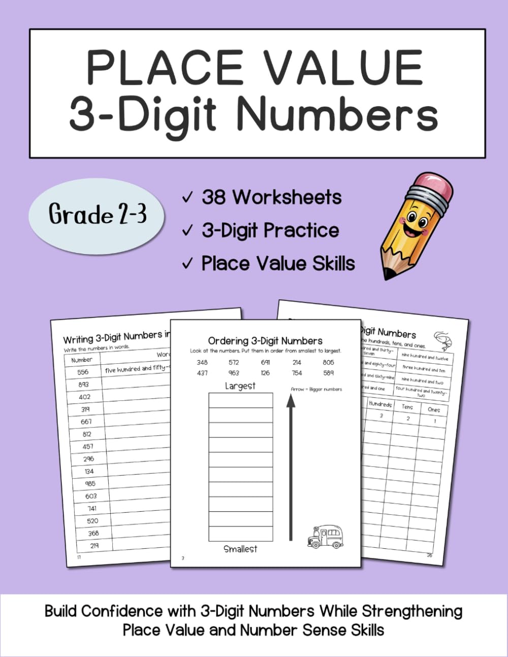 Place Value 3-Digit Numbers Workbook for Grades 2-3: Math Worksheets for Number Sense, Expanded Form, Number Words, Ordering Numbers & Place Value Practice