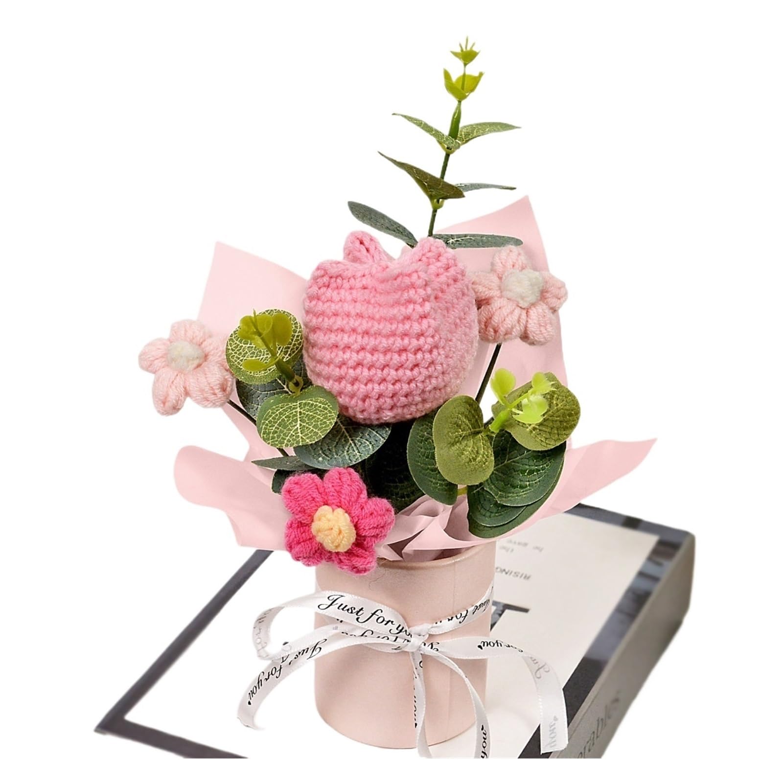 FCfpxwtz Artificial Crochet Flower, Handmade Crochet Tulip Bouquet Multicolor For Graduation Anniversary Home Decor Gift(Pink)