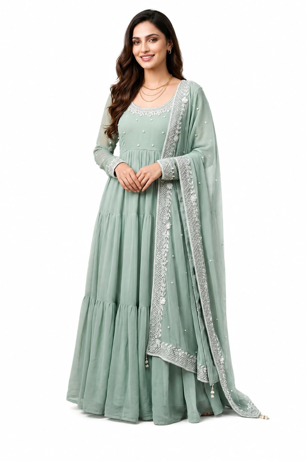 Women's Georgette Anarkali Gown with Dupatta, Sky Blue, Embroidered Flared Long Kurti Set-image-33