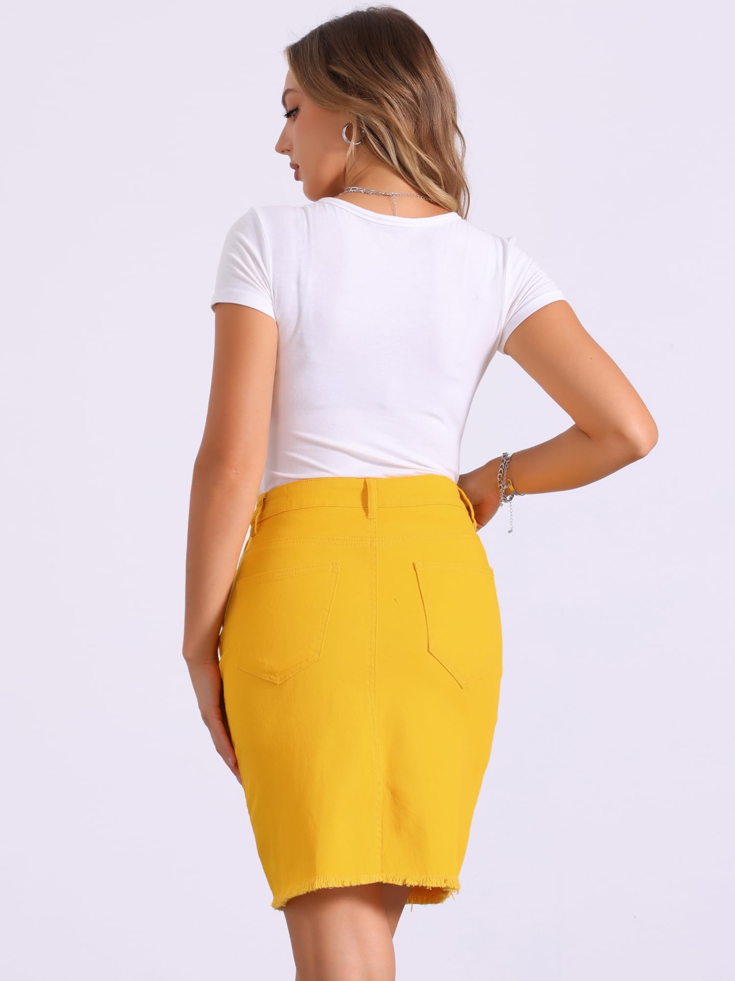 Allegra K Falda vaquera básica desgastada de cintura alta con bajo rasgado y lavado para mujer, Amarillo, XL