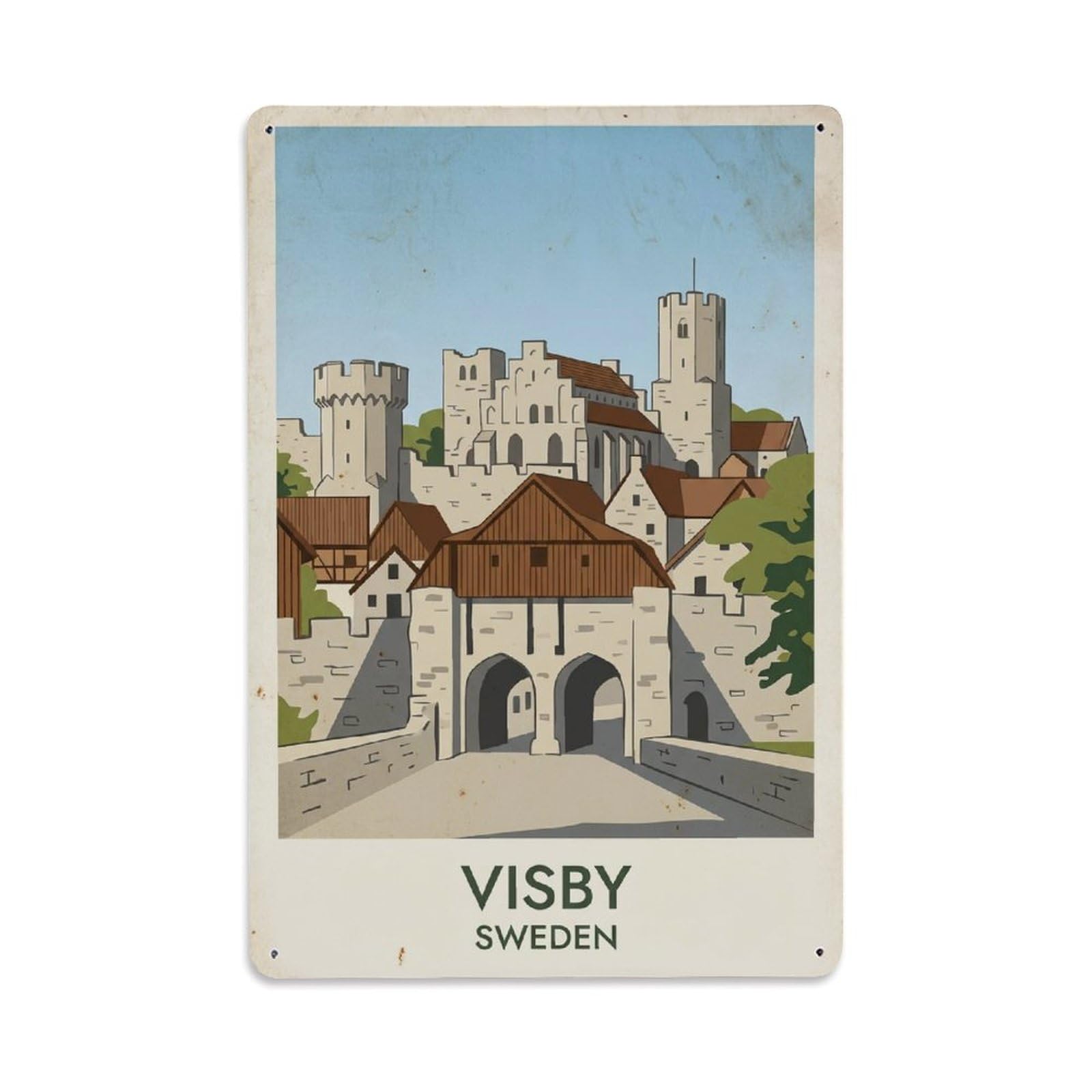 Vintage Travel Visby Sweden Medieval 1 Metal Tin Sign