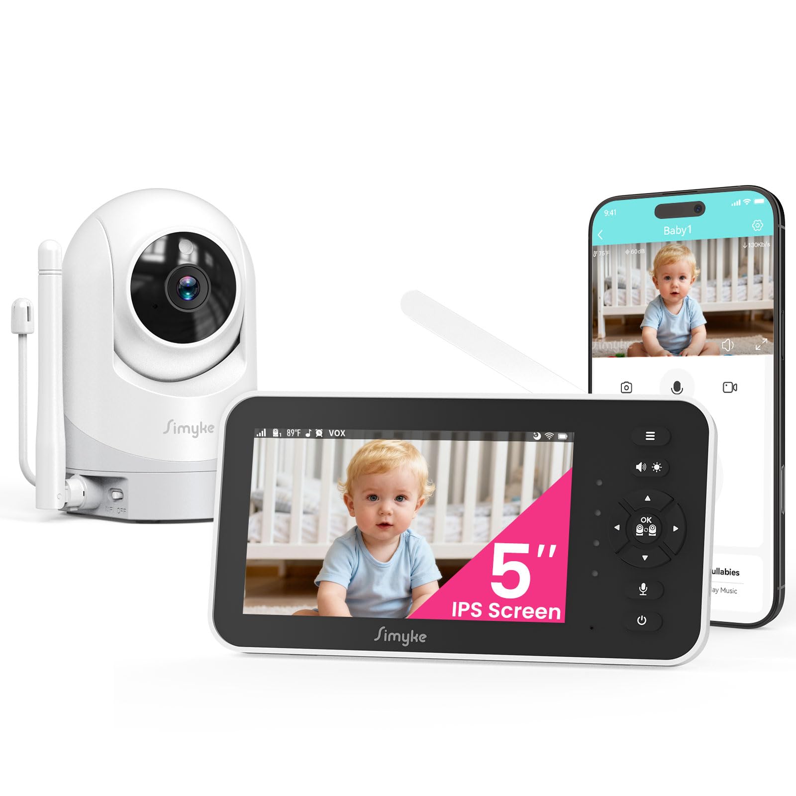 Simyke Baby Monitor,5" Video Baby Monitor with 720P Camera,WiFi Audio Monitor with Remote PTZ,Night Vision, 2-Way Talk,Sleep Mode,Lullabies & 1500ft