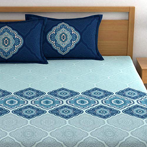 Image of Dreamscape 100% Cotton Queen Fitted Bedsheet with 2 Pillow Covers - (Size 60 x 78 inches, 140 TC, Colour - Blue)