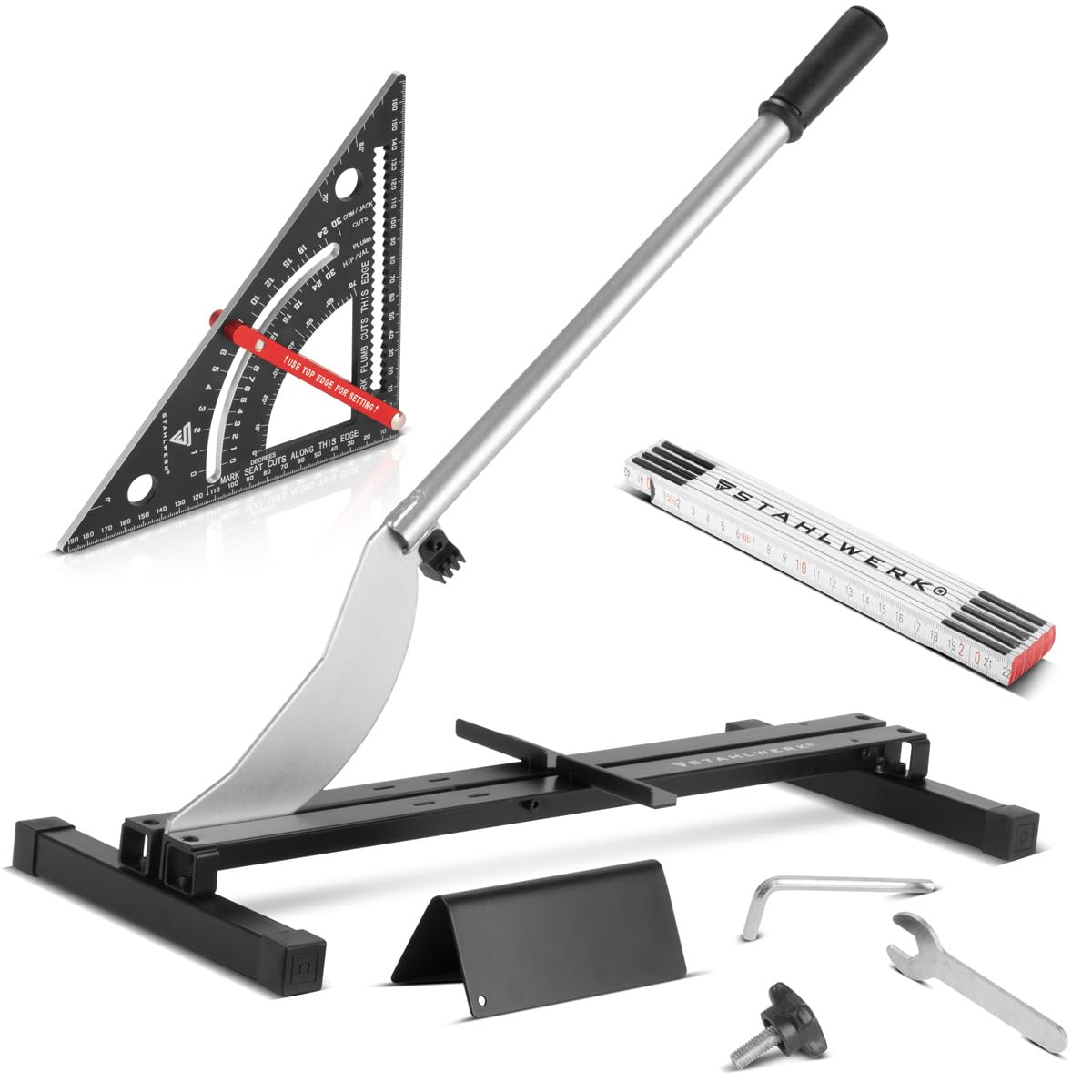 STAHLWERK Laminatschneider – Vinylschneider, Laminatcutter, Schneidegerät mit 210 mm Schnittbreite, maximale Schnittstärke 12 mm, ideal für das Verlegen von Laminat, Set mit Winkel und Zollstock
