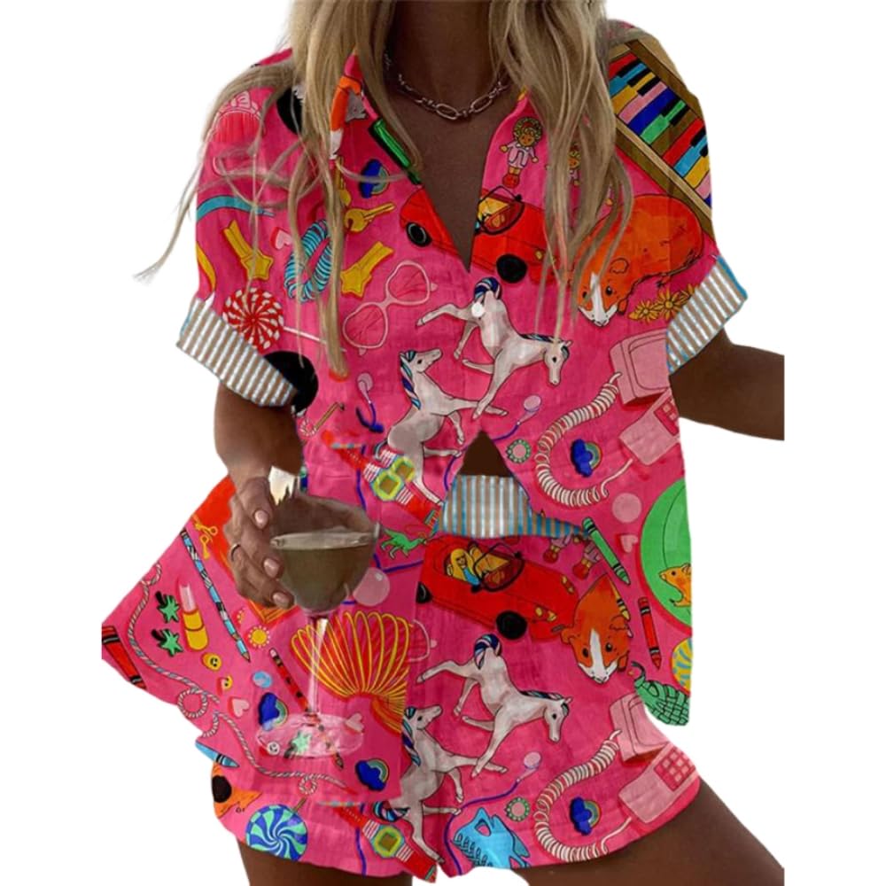 Womens Vacation Beach Two Piece Outfits Casual Floral Button Down Shirt Tops and Drawstring Shorts Summer Suit Sets
