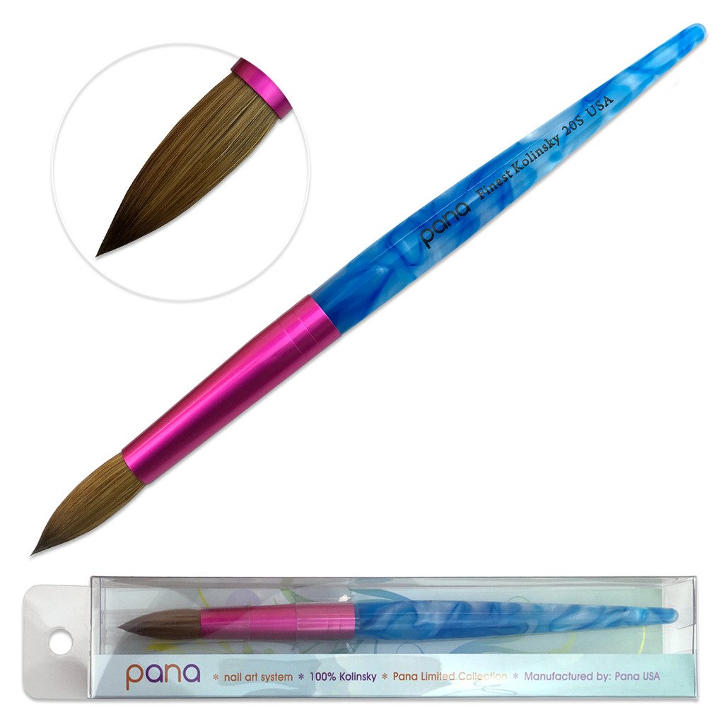 Acrylic Nail Brush Pure Kolinsky Hair, White-Blue Swirl, Pink Ferrule, Round Tip