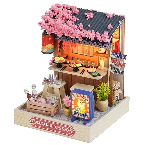 TuKIIE DIY Miniature Dollhouse Kit with Furniture, 1:24 Scale Creative Room Mini Wooden Doll House Plus Dust Proof for Kids Teens Adults(Sakura Noodles Shop) - Sakura Noodles Shop