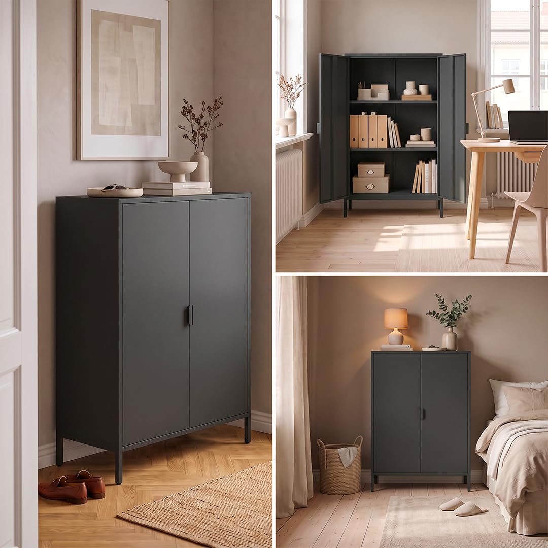 skølm Ituri Metall Kommode – Metallschrank mit 3 verstellbaren Fächern – Sideboard Wohnzimmer Schwarz – Aufbewahrungsschrank aus Stahl – Highboard im Industrial Design – Büroschrank/Flurschrank