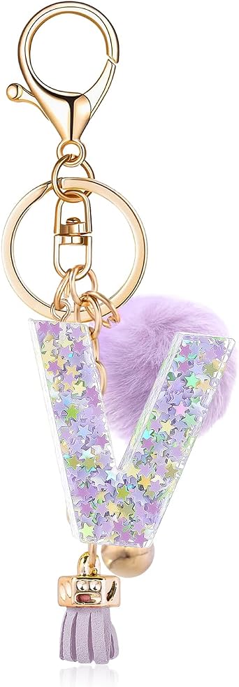 Resin Alphabet Initial Letter Keychain Keyring for Women Purse Handbags With Fur Ball Pom