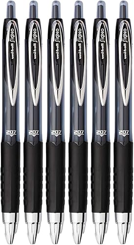 Uni-ball Signo 207 Bolígrafo de gel retráctil, punta media (0.028in), tinta negra, 6 unidades, paquete con bolsa de plástico reutilizable