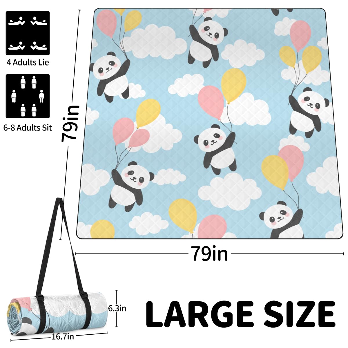 Shimoshe Extra Large Picnic Blankets 79”x 79”, Clouds Balloon Panda Waterproof Foldable Picnic Mat with Straps Portable Beach Blanket for Camping Park Grass Beach Indoor