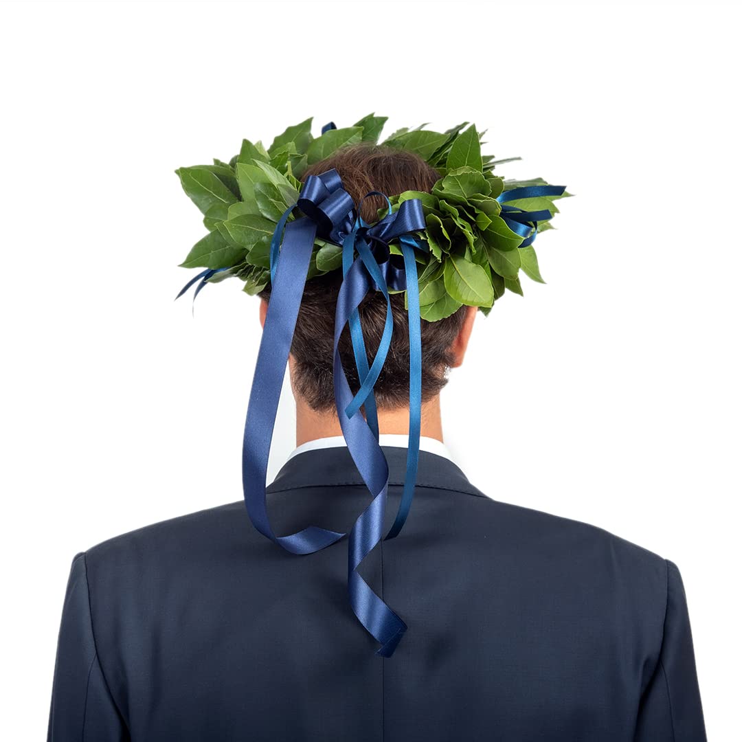 Corona di alloro fresca Royal fatta a mano in Italia | Corona lauream con foglie naturali e fiocco in raso | Tradizionale corona d’alloro per cerimonia laurea e festeggiamenti | Royal blù