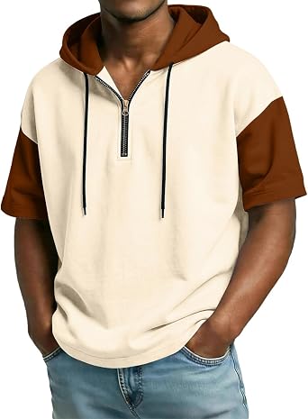 Hooded Workout Shirt for Men, Short Sleeve Athletic Pullover, Quarter Zip Lightweight Top for Summer