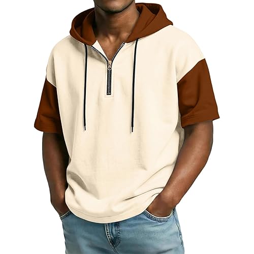 Men's Short Sleeve Hooded Workout Shirt, Lightweight Summer Pullover, Quarter Zip Athletic Tee for Active Wear