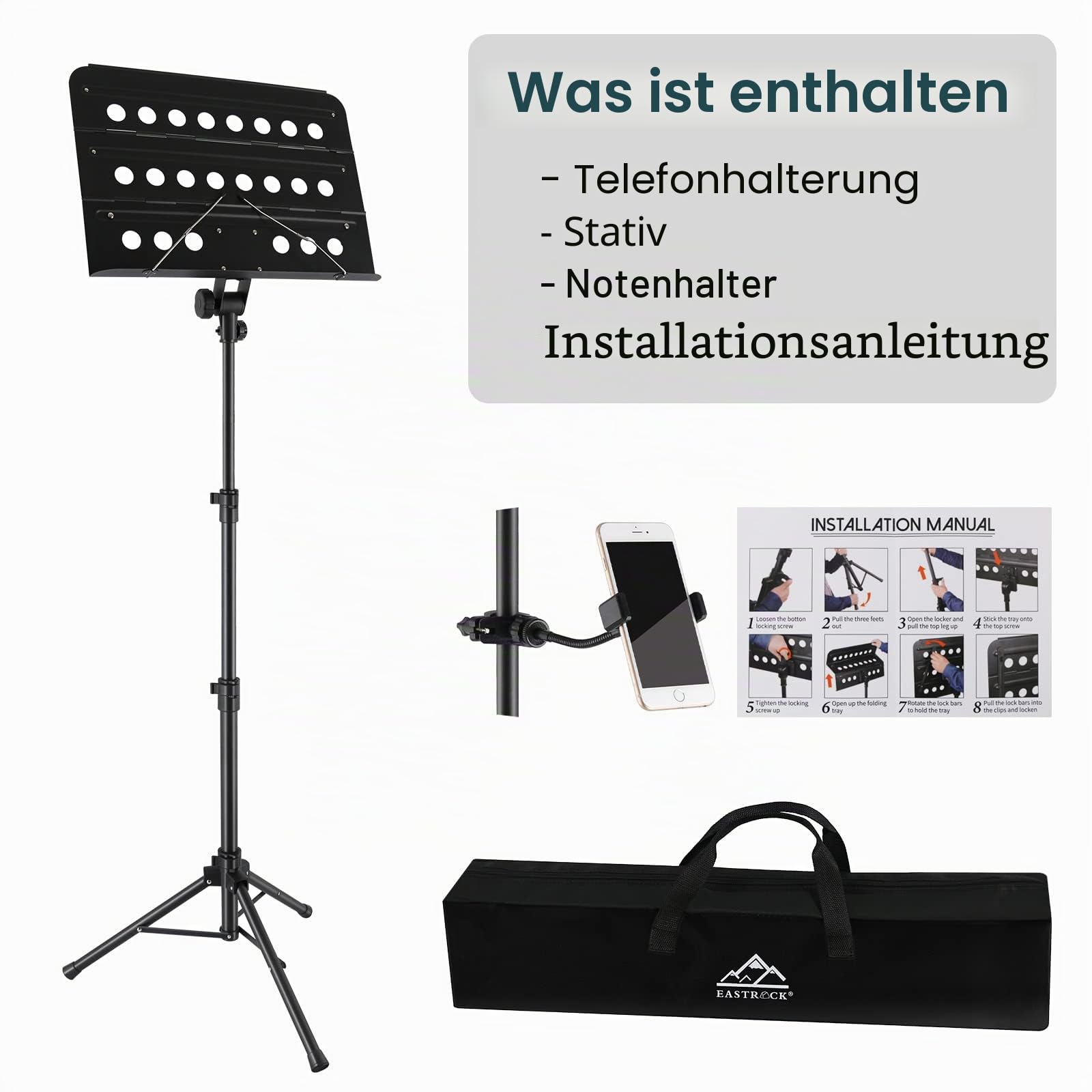 EASTROCK Notenständer Stabil Höhenverstellbar, Klappbar Notenpult Gitarre Geeignet für Kinder und Erwachsene, Profis,(schwarz) | Verstellbar, 106 - 180 cm, zusammenklappbarer Notenständer mit Handyhalterung, das beste Geschenk für Freunde
