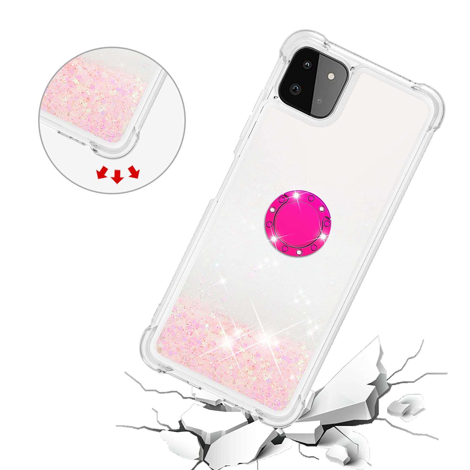 Transparent Liquid Case for Galaxy A22 5G with Ring Holder, Silicone Phone Case Glitter Floating Liquid Cover Slim Bumper Case Sparkly Back Case Resistant Hard Compatible with Samsung Galaxy A22 5G