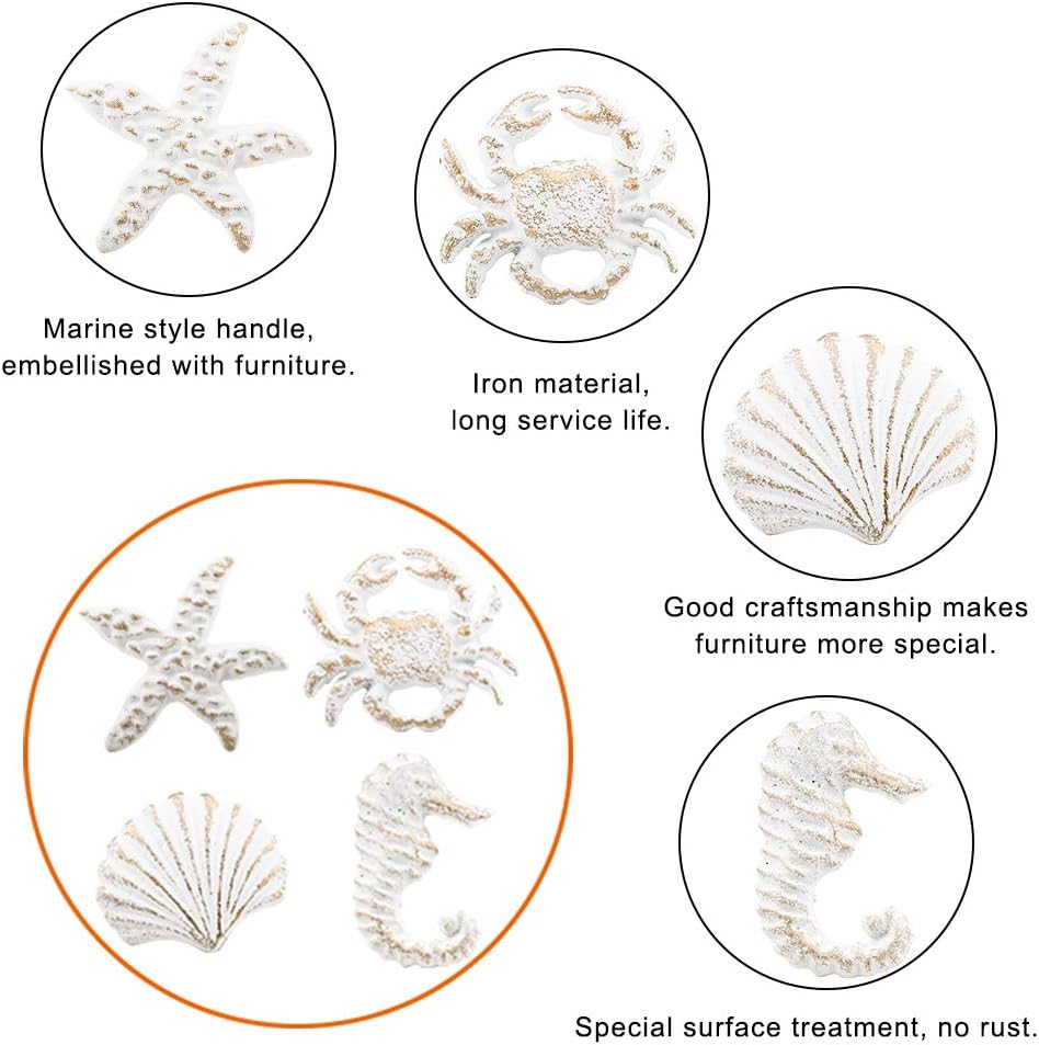 INCREWAY Cabinet Knobs, 4 Pack Retro Ocean Handle, Single Hole Cast Iron Dresser Cupboard Wardrobe Kitchen Beach Theme Drawer Pulls Handles, Seashell Seahorse Starfish Crab (White)