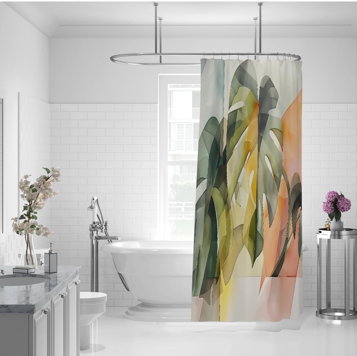 Rideau de Douche Salle de Bain Feuille Monstera Tropicale 200 x 220 cm