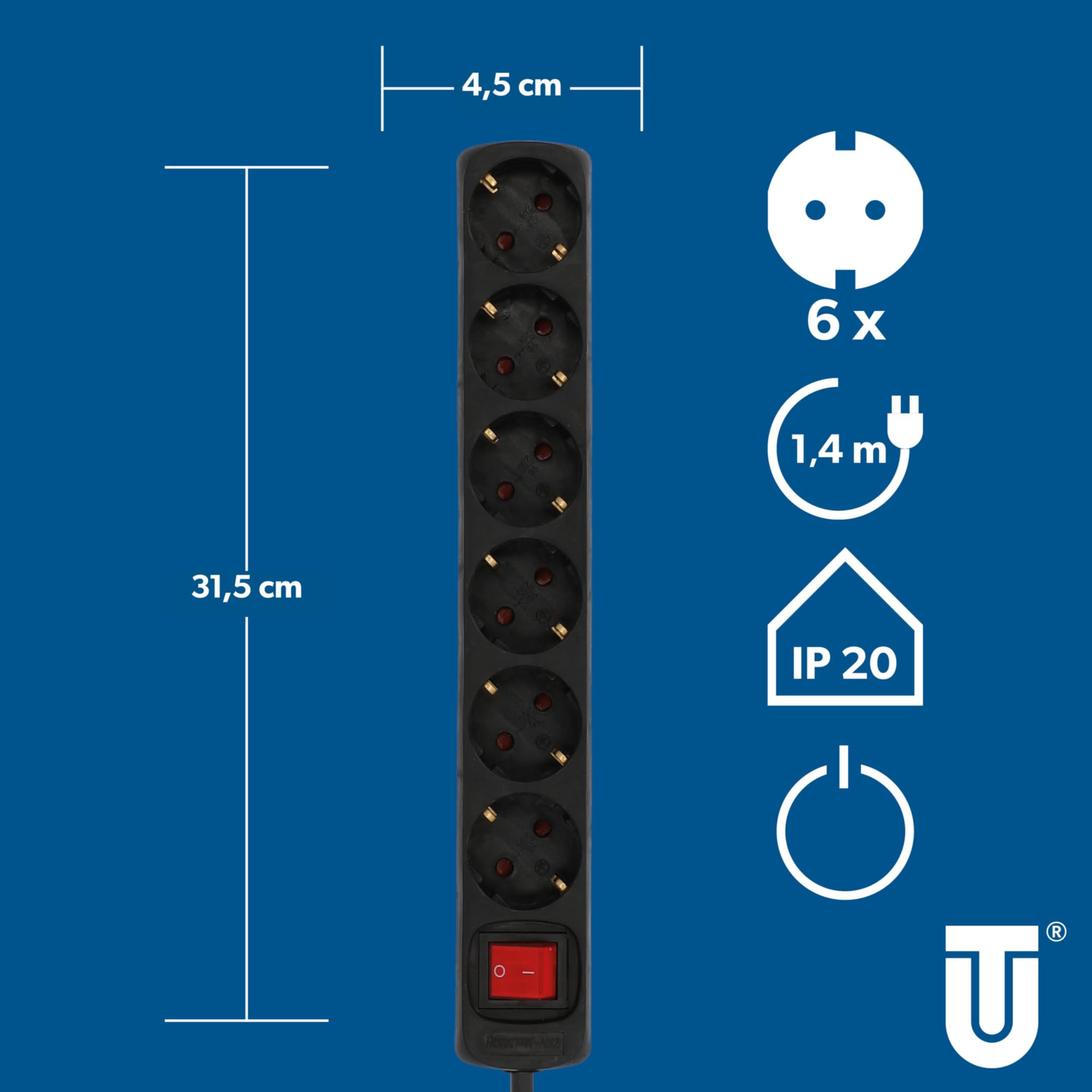 UNITEC 445351 gniazdko stołowe z przełącznikiem, 6-krotne, 1,4 m, H05VV-F 3G1,5 mm², czarne