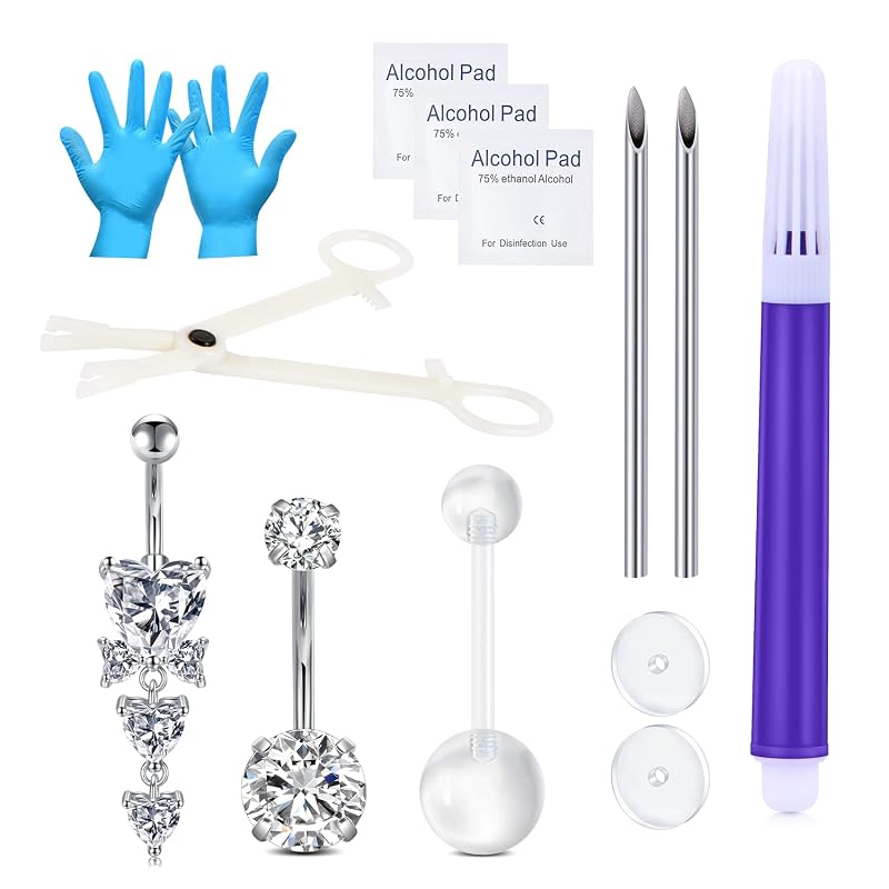Kit para piercing de umbigo DJCIW com 13 peças, agulhas 13G, pinça, joias 14G e discos de aço inoxidável 316L