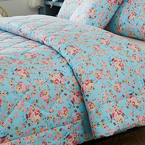 Fadfay Rose Floral Comforter Set King Farmhouse Blue Floral Summer Quilt 100% Cotton Fabric & Soft Microfiber Inner Fill Bedding Lightweight All Season Down Alternative Shabby Duvet Sets 3Pcs, King #TOP5