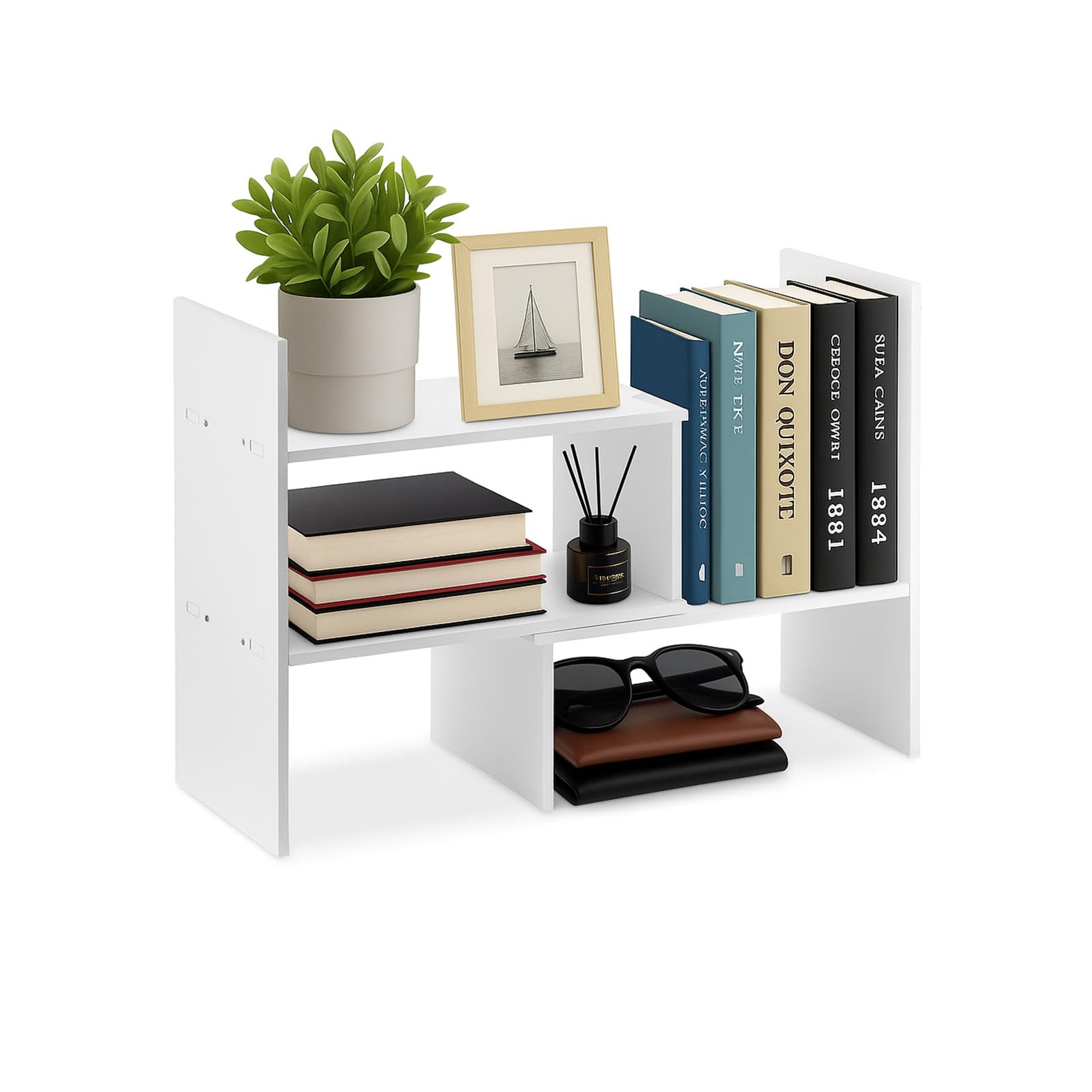 SUNNYNEST Desk Storage Expandable Wood Desktop Bookshelf Adjustable Desk Organizer, Freestanding Desk Storage Rack for Home Office (White)
