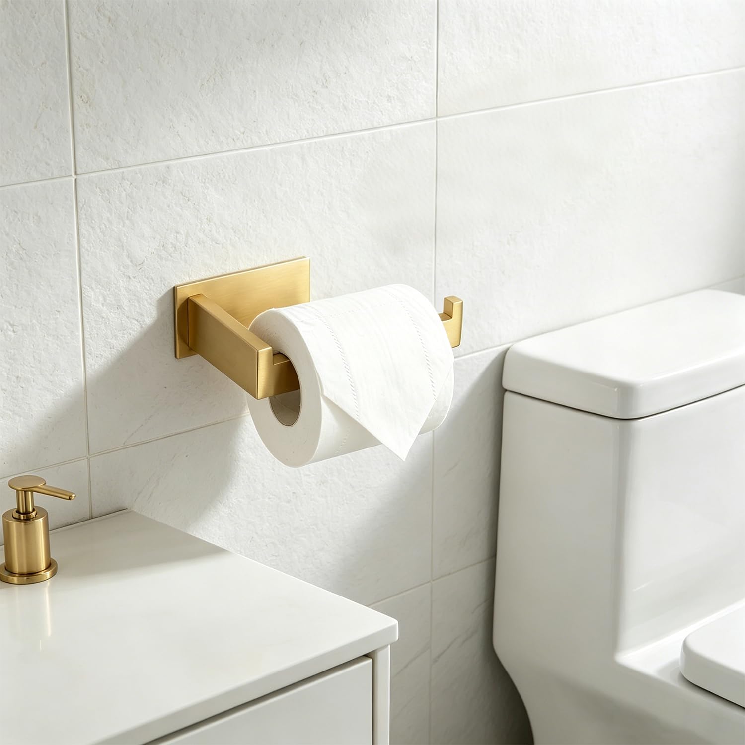 Toilet Paper Holder, Self Adhesive Tissue Holder Stainless Steel Rustproof Paper Roll Holder, No Drilling Easy to Install, Toilet Paper Rack Suitable for Office, Bathroom (Brushed Gold) — Amazon image 7