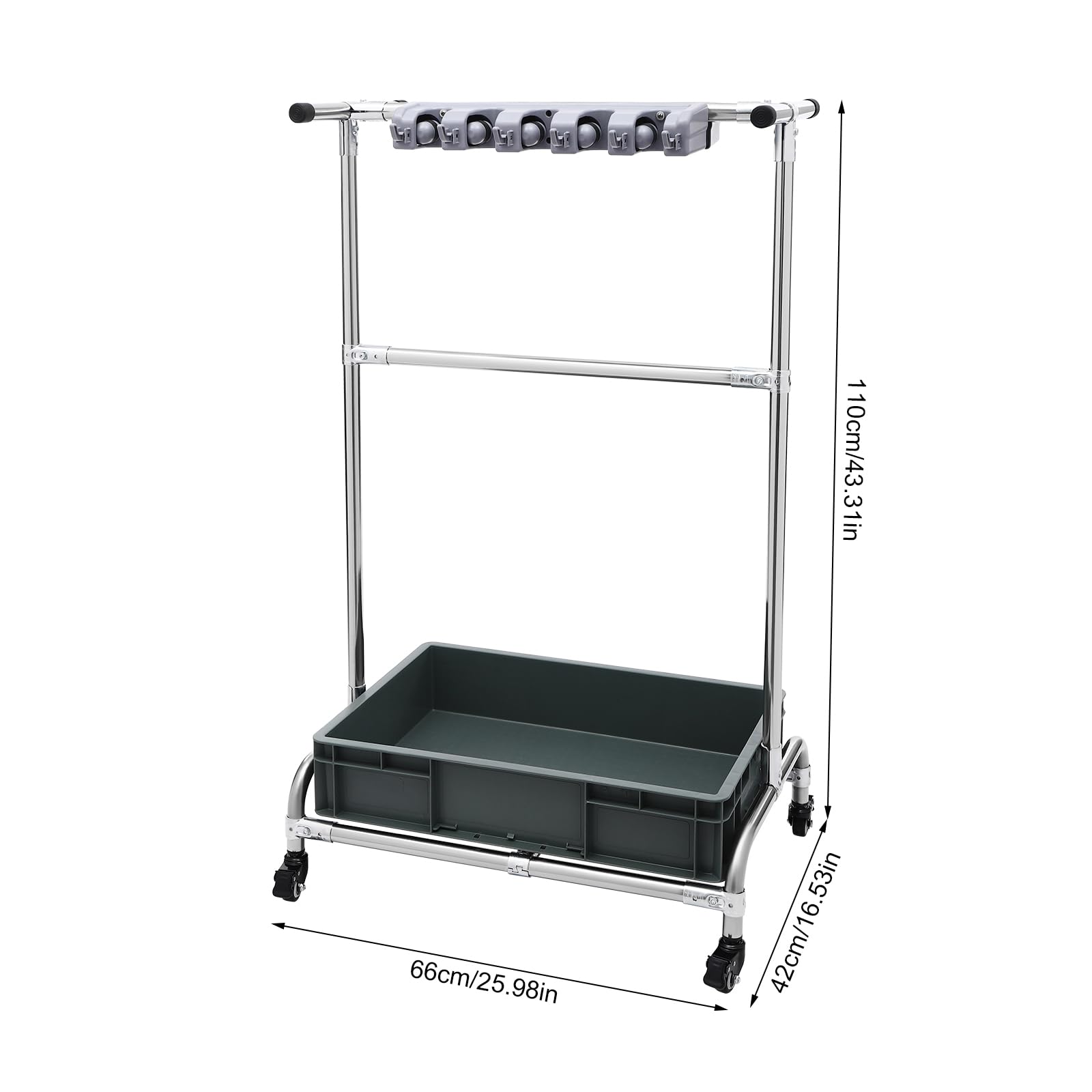 Soporte para escobas y aparatos, soporte para herramientas de jardín, soporte para fregona, con ruedas, 12 ganchos, 10 ranuras, acero inoxidable, 66 x 42 x 110 cm