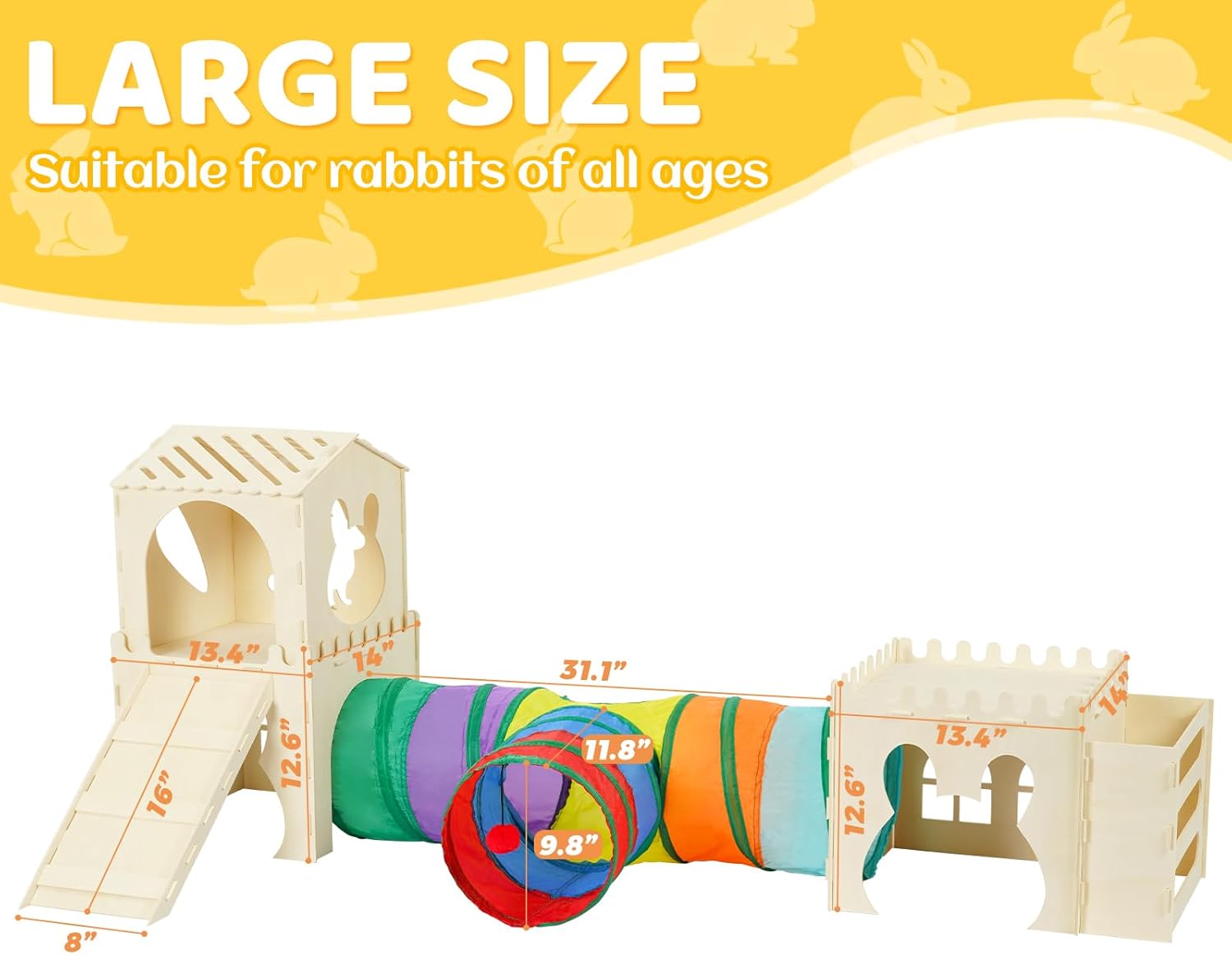 Extra Large Rabbit Hideout, Wooden Bunny Castle with Tunnel and Stair, Rabbit House Tower with Hay Feeder Sturdy Habitat for Guinea Pig Chinchilla Ferret Hamster