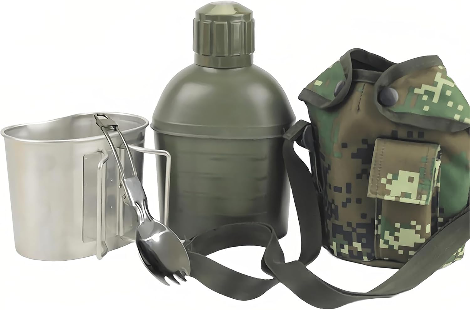 Stainless Steel Military Canteen,0.8QT Thermostatic Water Bottle Military Canteen Kit,Equipped with 0.6QT Stainless Steel cup and Spoon,Suitable for Hiking,Camping,and Climbing
