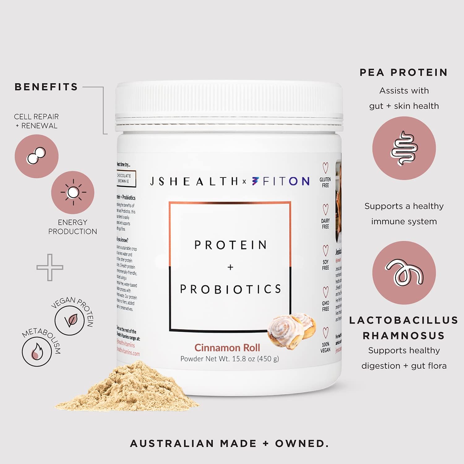 JSHealth Vegan Pea Protein Powder with Probiotics - Gluten Free, Non GMO, Plant Based Protein Drink Mix - 450g, Cinnamon Roll