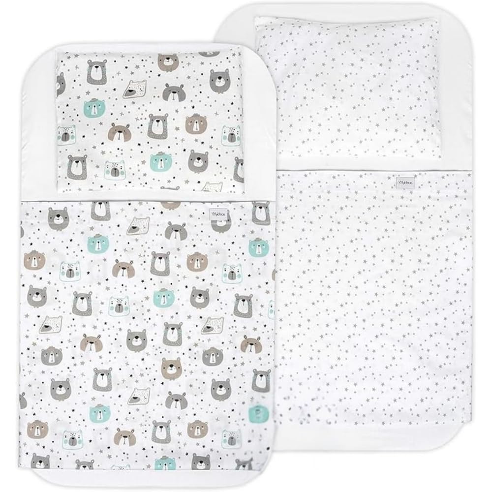FlyIdeas Lenzuola Next2Me Set MAXI 8 pz, 100% Cotone con 2 Lenzuola Sotto, 2 Traverse Salva Pipi, 2 Lenzuola Sopra & 2 Federe Cuscino per Culle Fianco Letto Neonato e simili (Cute Bears, 83x50 cm)