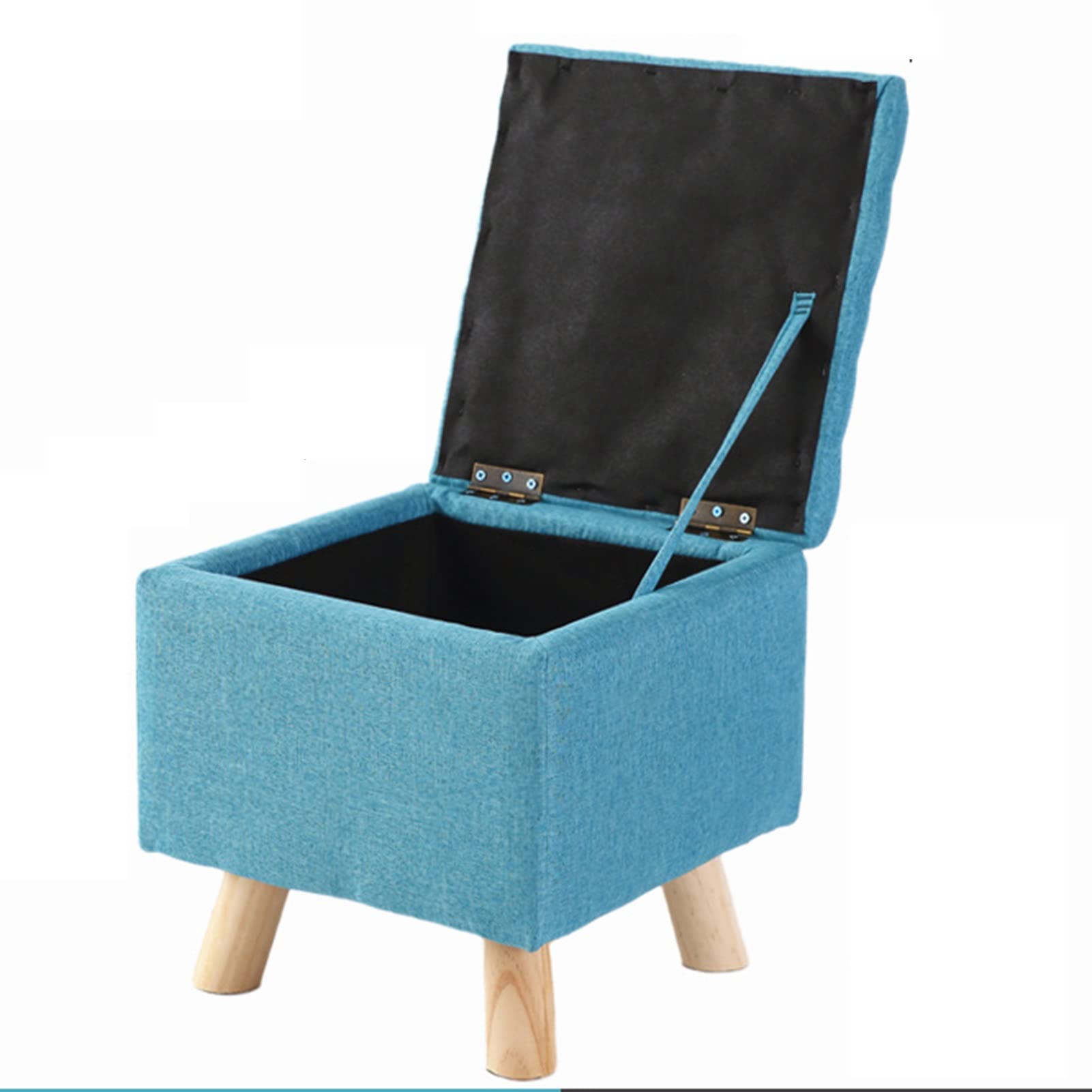 Pouf de rangement carré bleu avec pieds en pin pour chambre et bureau