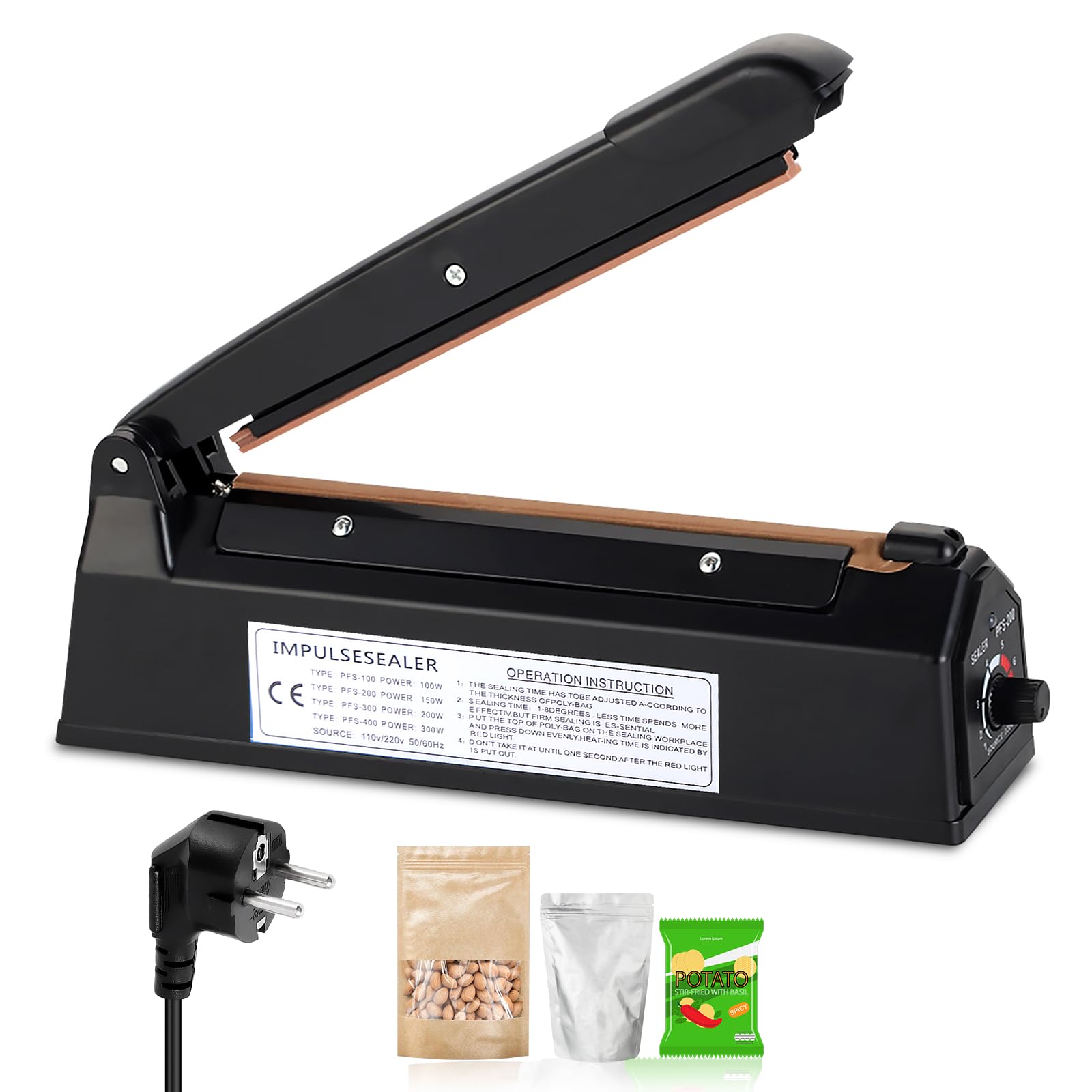 Machine À Sceller À Chaud 200 mm, Thermoscelleuse Machine, Scelleuse Thermique, Scelleuse De Sacs En Plastique, Impulse Heat Sealer, 3 mm Largeur d'étanchéité, Contrôle de température à 8 niveaux