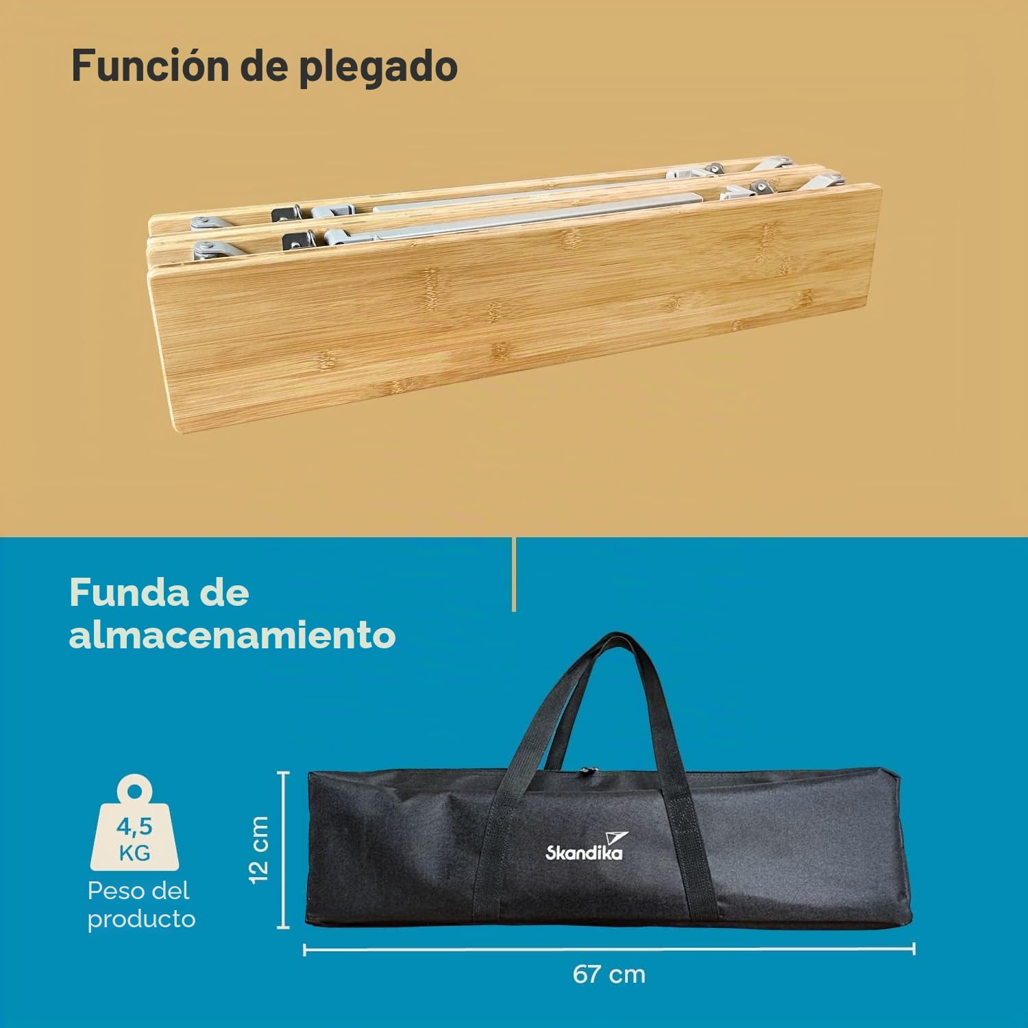 skandika Tolja | Mesa de Camping de bambú Plegable, Estante de Rejilla, Varios tamaños, Regulable en Altura en 3 Posiciones, Aluminio, Madera, Resistente a la Intemperie (65 x 50 x 65 cm)